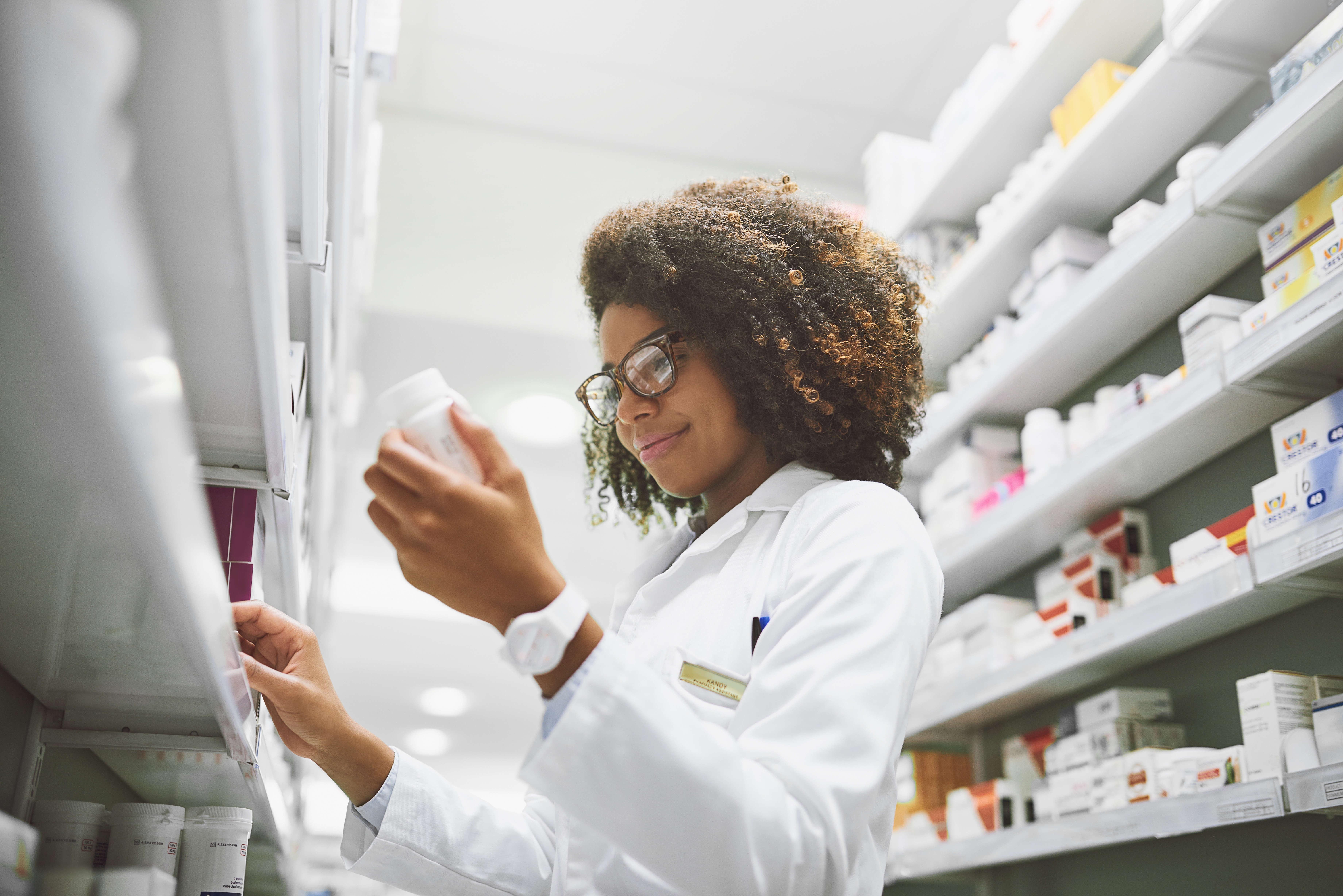 Woman,,Wellness,And,Pills,With,Pharmacy,Check,,Medical,Career,Or